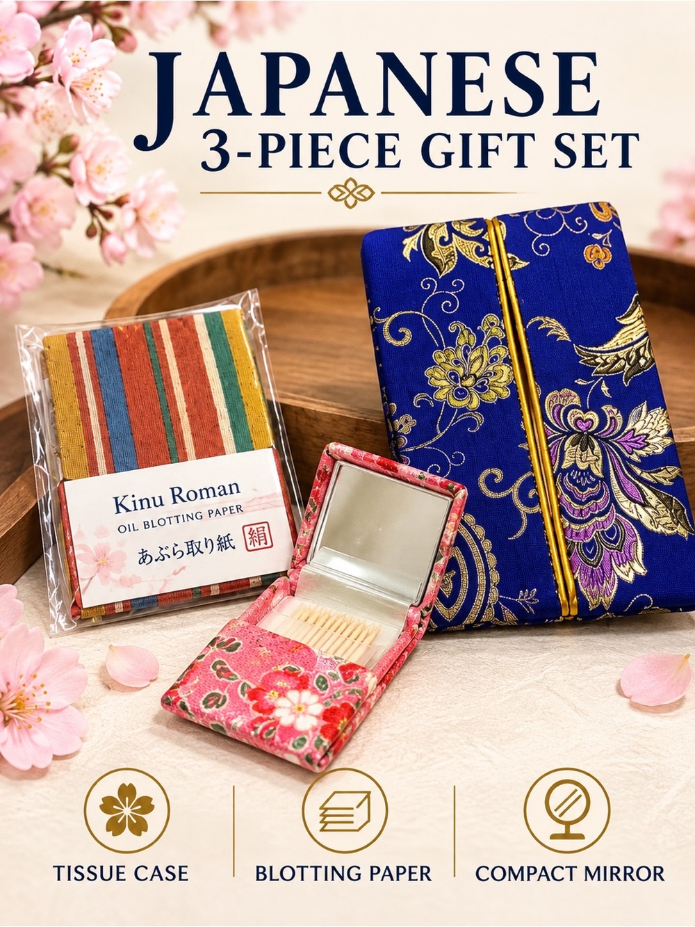 Japanese Brocade 3 Piece Gift Set Floral Mirror Tissue Case Blotting Paper